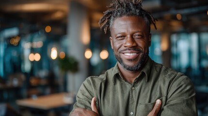 Fototapeta premium A smiling man with unique hairstyle confidently poses in a stylish cafe, representing warmth, approachability, and modern lifestyle, while capturing a sense of community and camaraderie.