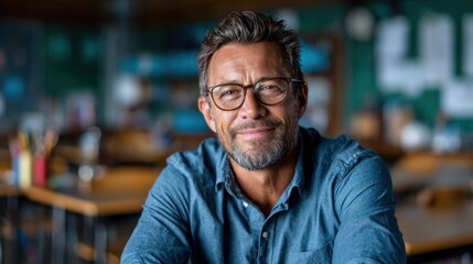 Obraz premium A friendly and approachable teacher smiles in a modern classroom setting, embodying the spirit of education, knowledge, and mentorship while fostering a positive learning environment.