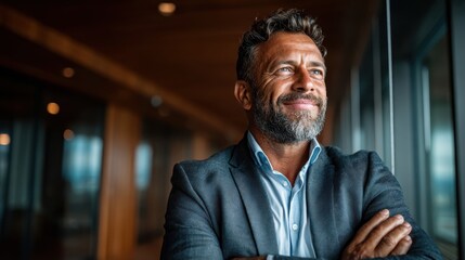 A poised businessman stands thoughtfully by a window, exuding confidence and vision. His smile reflects optimism and success in a modern workspace environment.