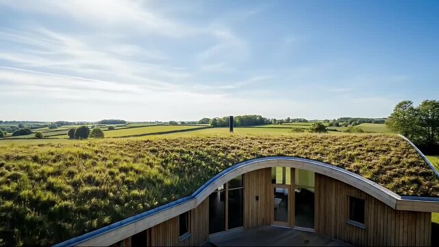 Eco-Friendly Home with Green Roof Blends Seamlessly into Lush Countryside Landscape.