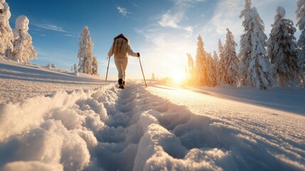 A lone hiker treks through a stunning snowy landscape towards a glowing sunset, reflecting the journey of self-discovery and the beauty of nature's solitude and serenity.