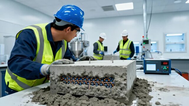 Medium angle of workers testing autonomic concrete mix in a lab environment emphasizing advancements in sustainable selfrepairing infrastructure materials.