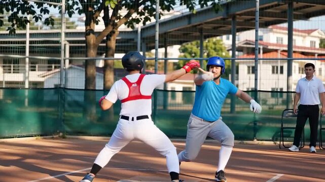 Athletes practicing baseball game, batter swinging at pitch while catcher ready to catch, training
