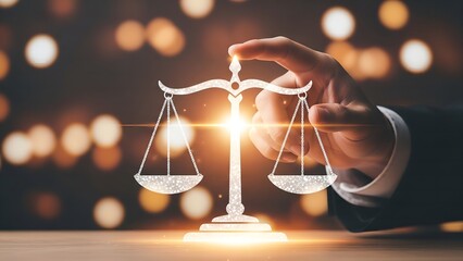 Hand touching glowing justice scales symbolizing law and ethical decision-making