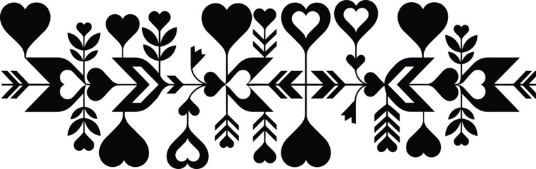 Symmetrical folk art divider featuring hearts arrows and stylized floral elements for romantic and decorative projects.