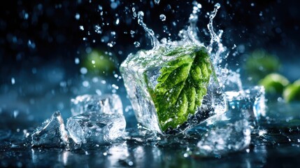 A visually striking image of a mint leaf encased in an ice cube, splashing into water, representing freshness, vibrancy, and a cool element of nature's beauty captured beautifully.