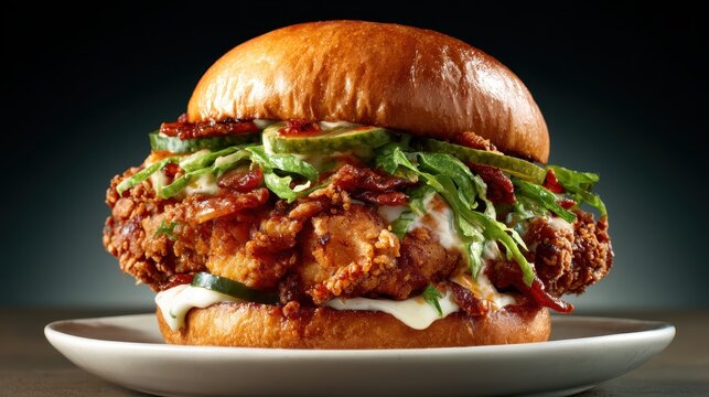 An enticing chicken sandwich stacked high, featuring crispy fried chicken, fresh greens, and creamy toppings, ideal for foodies and culinary enthusiasts seeking inspiration.