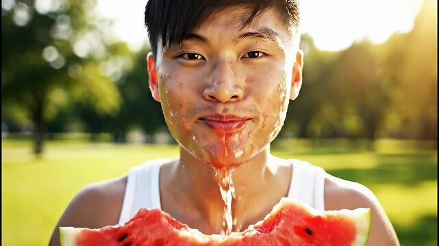 Young man enjoys large slice of watermelon on sunny day in park while outdoor fun fills the air