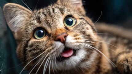 A close-up shot of a playful cat with vibrant green eyes and a curious expression, showcasing the charm and allure of domestic animals in a warm, cozy environment.