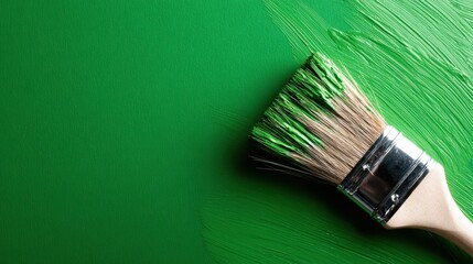 A dynamic image showcasing a paintbrush with vibrant green bristles leaving strokes on a fresh green canvas, symbolizing creativity and artistic expression.