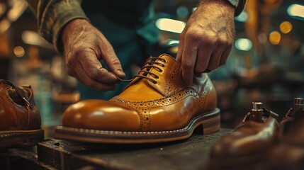 Close-up of skilled cobbler tying shoelaces on a polished leather dress shoe in a traditional workshop setting with warm lighting and handcrafted craftsmanship