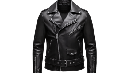Black leather biker jacket with edgy design on a  light background and copy space