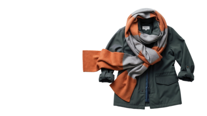 Stylish olive green jacket with gray and orange scarf on a white background and copy space