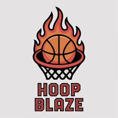 Hoop Blaze flaming basketball logo with net, hot streetball emblem; dynamic sports team branding vector for tournaments, camps, jerseys and competition merch