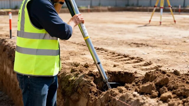 Technician measuring soil compaction with a penetrometer near a planned building area to ensure ground stability for structural support.