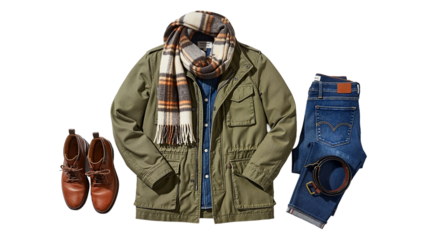 Casual park outfit items with olive green jacket, plaid scarf, jeans, and brown boots on a light background