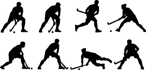 Professional Field Hockey Player Silhouettes Set Featuring Athletes Dribbling Passing and Shooting Action Poses for Sports Graphic Design Elements © DALIARA 