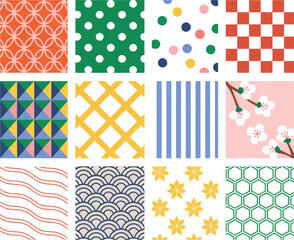 Colorful seamless patterns collection with various geometric and floral designs on transparent background

