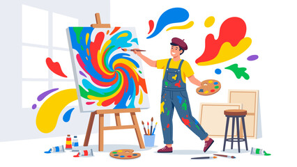 Creative artist painting abstract colorful artwork on canvas. Happy painter holding palette and brush in art studio. Imagination and hobby concept. Flat vector illustration design.