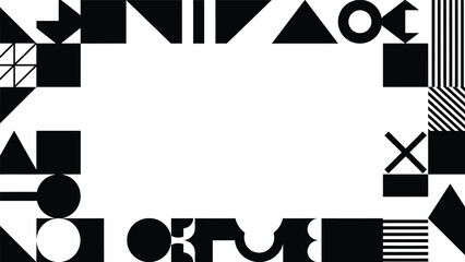 Obraz premium Minimalist black and white geometric border frame with abstract shapes circles and triangles for creative copy space design.