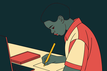 Student Studying with Laptop and Pencil Flat Education Vector Illustration