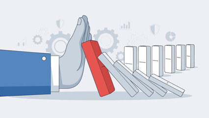Business hand stopping falling dominoes chain reaction. Risk management and crisis prevention concept. Strategy to stop problem. Intervention and protection. Flat vector illustration.
