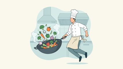 Professional chef tossing fresh vegetables in wok. Cooking in restaurant kitchen. Culinary concept. Healthy food preparation. Man in uniform making stir-fry. Vector illustration.