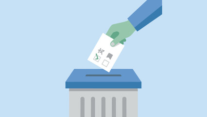 Hand putting ballot paper in voting box. Election day concept. Democratic choice political rights. Citizen casting vote. Referendum polling station. Flat vector illustration. Freedom.