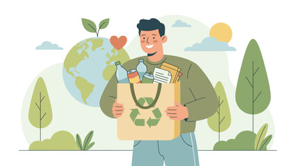 Man holding recycling bag. Eco friendly lifestyle. Environmental protection. Waste sorting. Zero waste. Save planet. Sustainability. Nature care. Green ecology flat vector illustration.