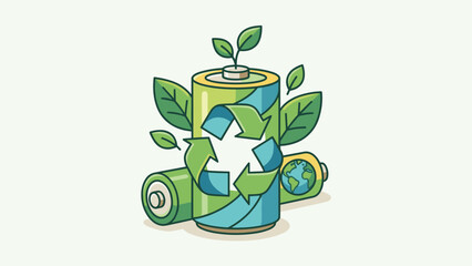 Green battery recycling concept with leaves. Renewable energy ecology and environment protection. Sustainable waste management. Flat vector illustration. Zero waste power cycle symbol.