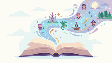 Open magic book with fairy tale characters. Storytelling concept. Imagination fantasy. Reading education vector. Dragon castle pirate ship knight princess. Literature. Kids story