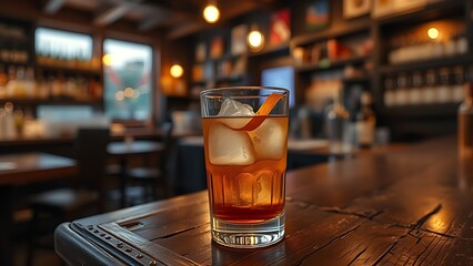 amaro. Glass of amaro on ice with orange peel on a worn wooden bar counter. bar promotions, beverage menus, designed for food & beverage menus and cafe branding, used by interior designers.