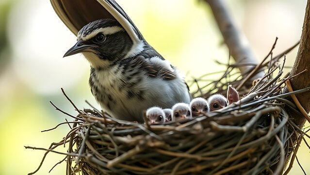 featherless. A mother bird with her wings spread, sheltering her baby birds. wildlife magazines, conservation campaigns, designed for wildlife conservation campaigns, used by presentation designers.