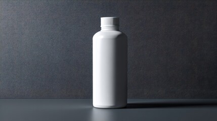 A white plastic bottle stands upright on a dark textured background,