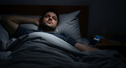 Fototapeta premium A man peacefully sleeping in his bed at night with an alarm clock on the nightstand showing 3:42.