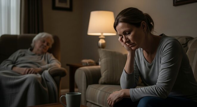A woman sits looking distressed while an elderly person sleeps in a chair in the background.
