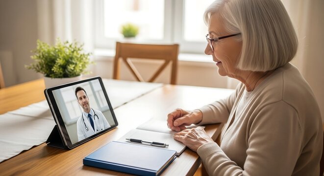 Elderly woman having a video consultation with a doctor on a tablet computer at home. - Powered by Adobe