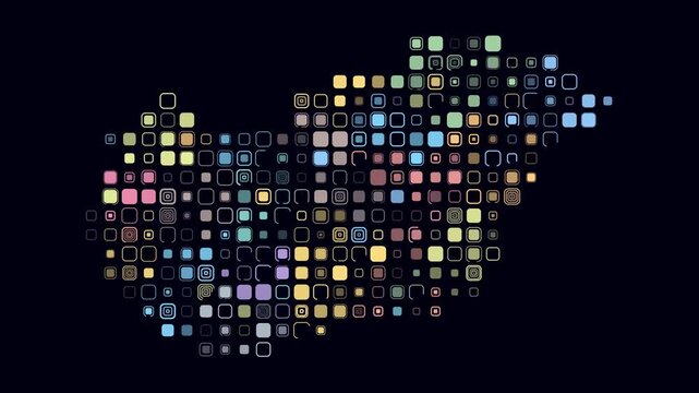 Hungary map animation. Shape of the country with pulsating colored dots. Large size rounded square blocks. Digital style Hungary map on dark background. Modern video.