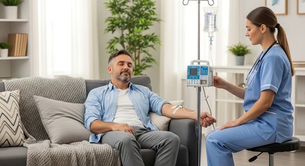 A male patient receives an intravenous infusion from a nurse in a home healthcare setting.