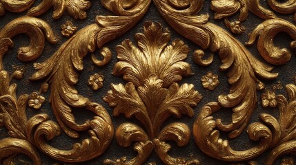 Intricate golden floral carving with baroque acanthus leaf patterns on dark antique background