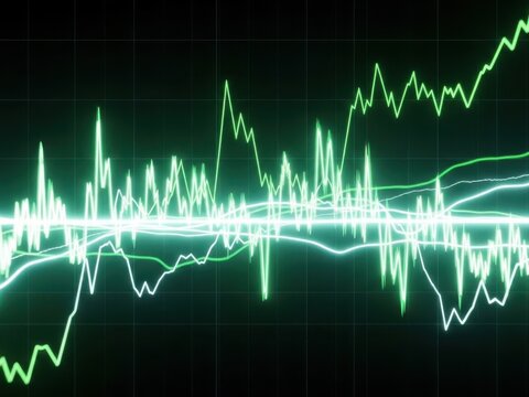 Green neon graph and chart on black background with grid lines - Powered by Adobe