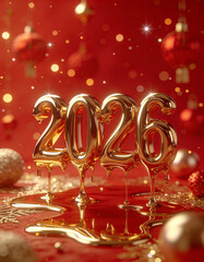 Golden 3D numbers &ldquo;2026&rdquo; melting like liquid gold on shiny red festive background, glowing sparkling lights, elegant luxurious New Year celebration, high-end 3D render