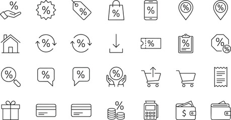 Outline Vector Icon Set Representing E-commerce Discounts Promotional Offers Retail Finance Sales Incentives and Professional Digital Shopping Transaction Concepts