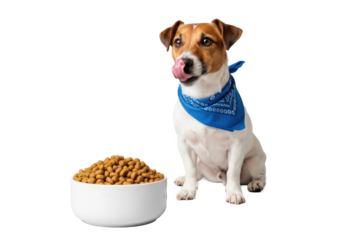 Cute Jack Russell Terrier, white/brown fur, blue bandana, licking nose, eagerly anticipating kibble in a white bowl, transparent studio background, no shadows, concept for pet food advertising