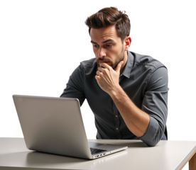 Professional Person Working on Laptop – Gray Shirt and Thoughtful Pose for Business Concepts and Office Scenes