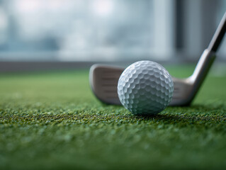Detailed view of a golf ball positioned on a green field with a golf club ready to strike during an indoor or low light setting of a sports environment