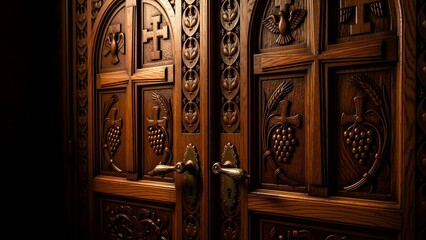 Ornate carved wooden double doors with religious crosses and intricate patterns, illuminated warmly to showcase sacred symbolism, craftsmanship, and historic elegance