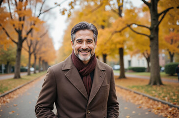 Fototapeta premium Elderly Gentleman Enjoying Autumn Walk in City Park for Retirement Lifestyle, Senior Happiness, and Positive Aging Concepts