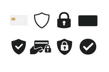 Security and payment icon set. containing credit card, shield, lock, encryption, checkmark, protection, security, secure access and more.