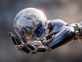 Futuristic robotic hand gently holding a glowing globe of Earth showcasing illuminated continents against a blurred background symbolizing technology and global conn